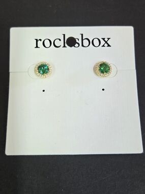 RocksBox Gold Halo Emerald Crystal Stud Earrings